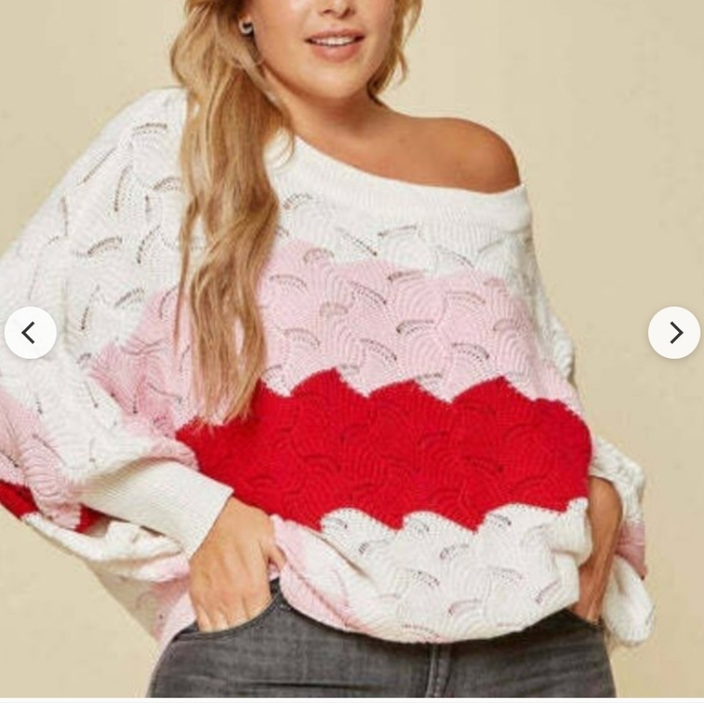 ANDREE BY UNIT Dolman Off-Shoulder Sleeves Colorblock Sweater Pink Red White Med